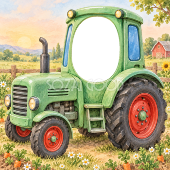 トラクターの窓からこんにちは写真フレーム｜子ども向けのかわいい無料イラスト 98413