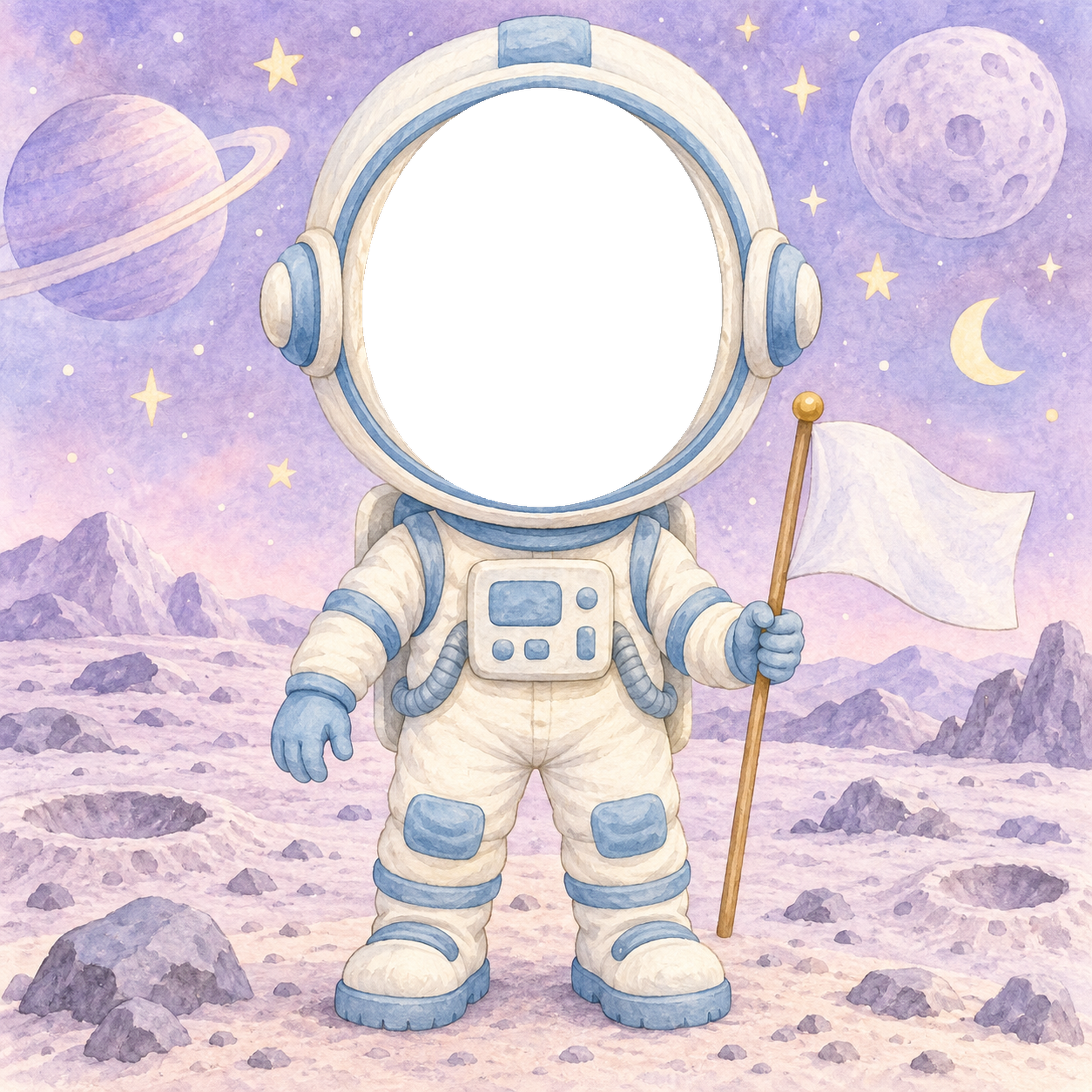 宇宙飛行士さんになりきり写真フレーム｜子ども向けのかわいい無料イラスト 98420に写真・文字を入れる