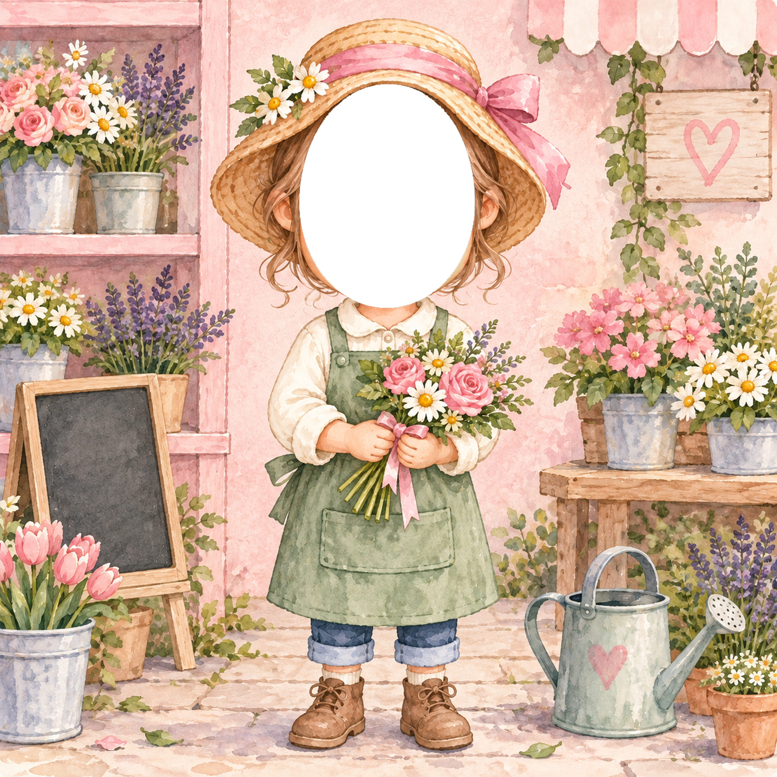 お花屋さんになりきり写真フレーム｜子ども向けのかわいい無料イラスト 98421に写真・文字を入れる