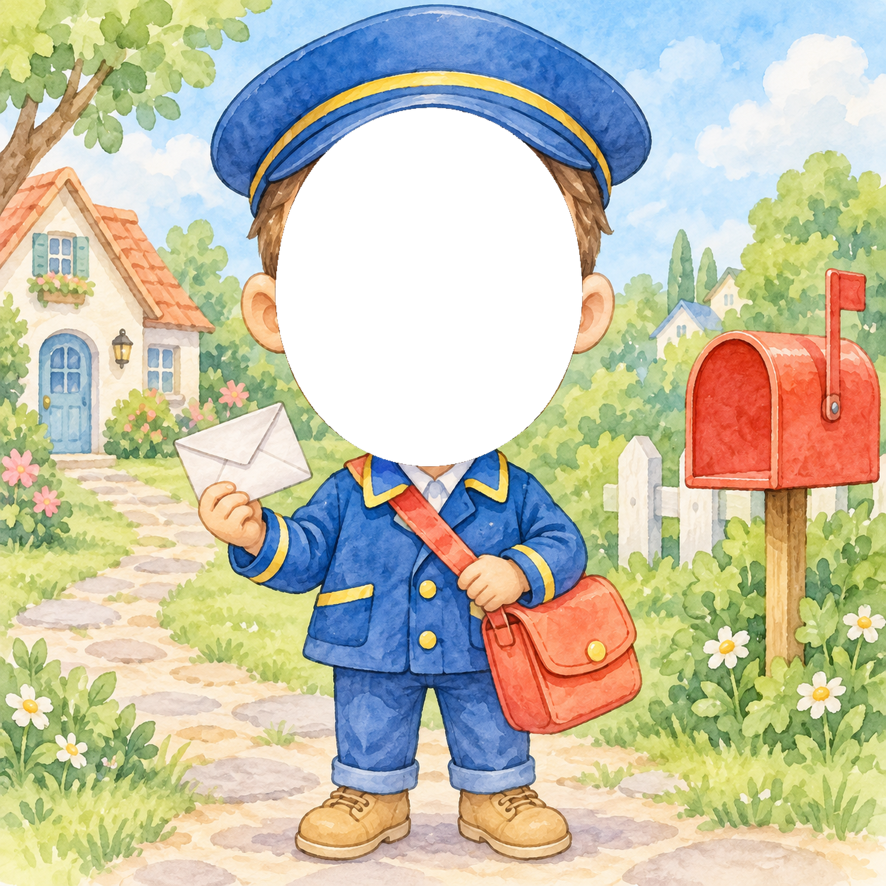 郵便屋さんになりきり写真フレーム｜子ども向けのかわいい無料イラスト 98426に写真・文字を入れる