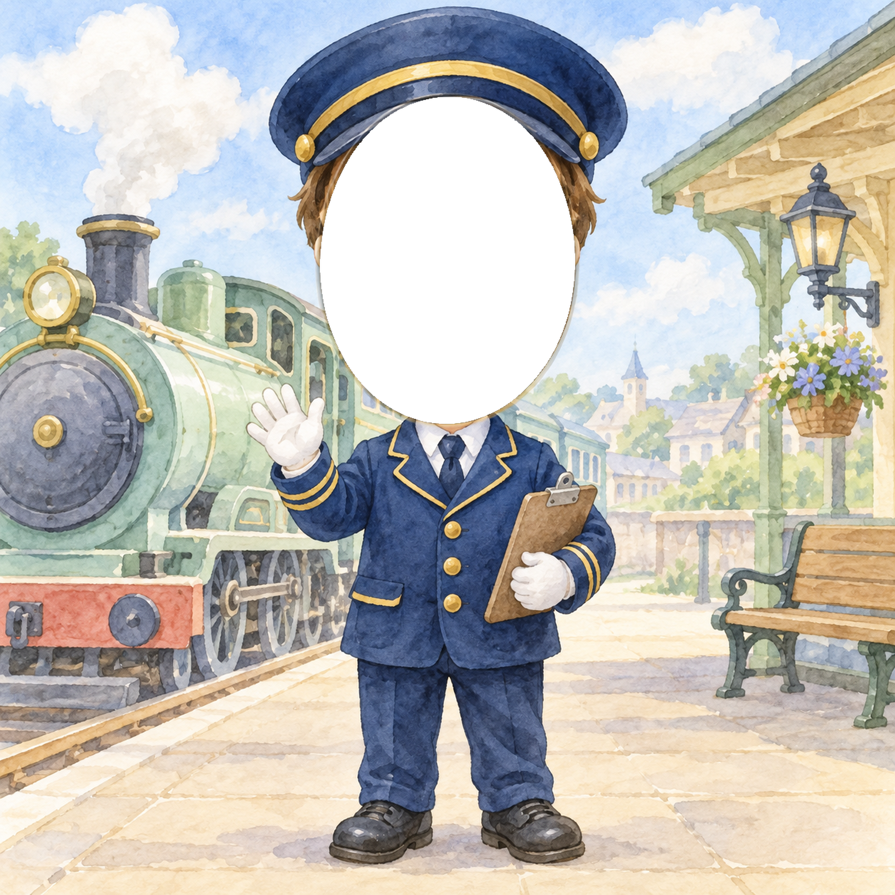 電車の運転士さんになりきり写真フレーム｜子ども向けのかわいい無料イラスト 98427に写真・文字を入れる