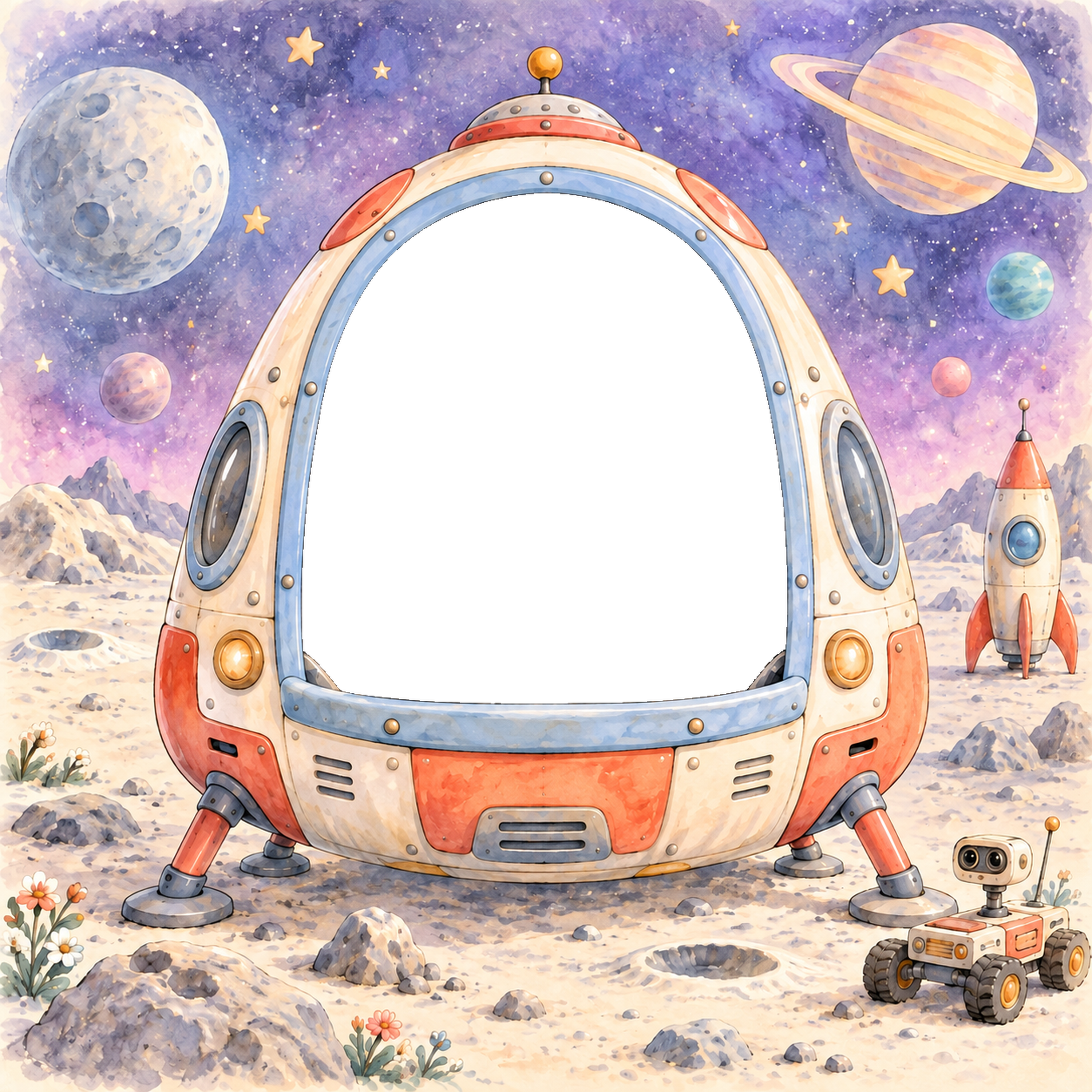 月と星の宇宙を旅する写真フレーム｜子ども向けのかわいい無料イラスト 98437に写真・文字を入れる