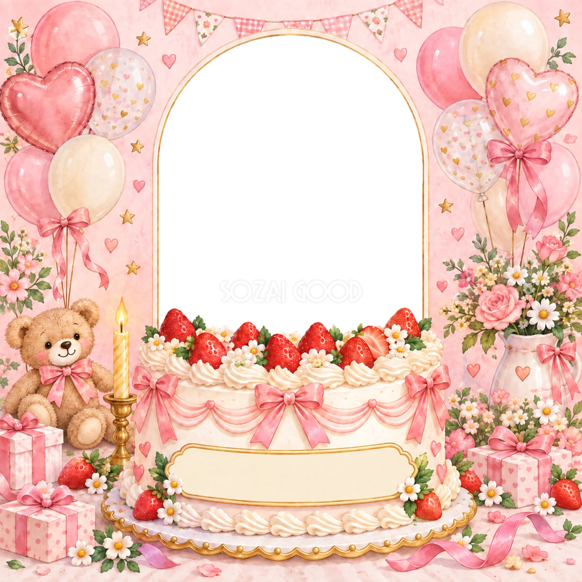 いちごの大きなケーキ写真フレーム｜子どもの誕生日を祝うかわいい無料イラスト 98444