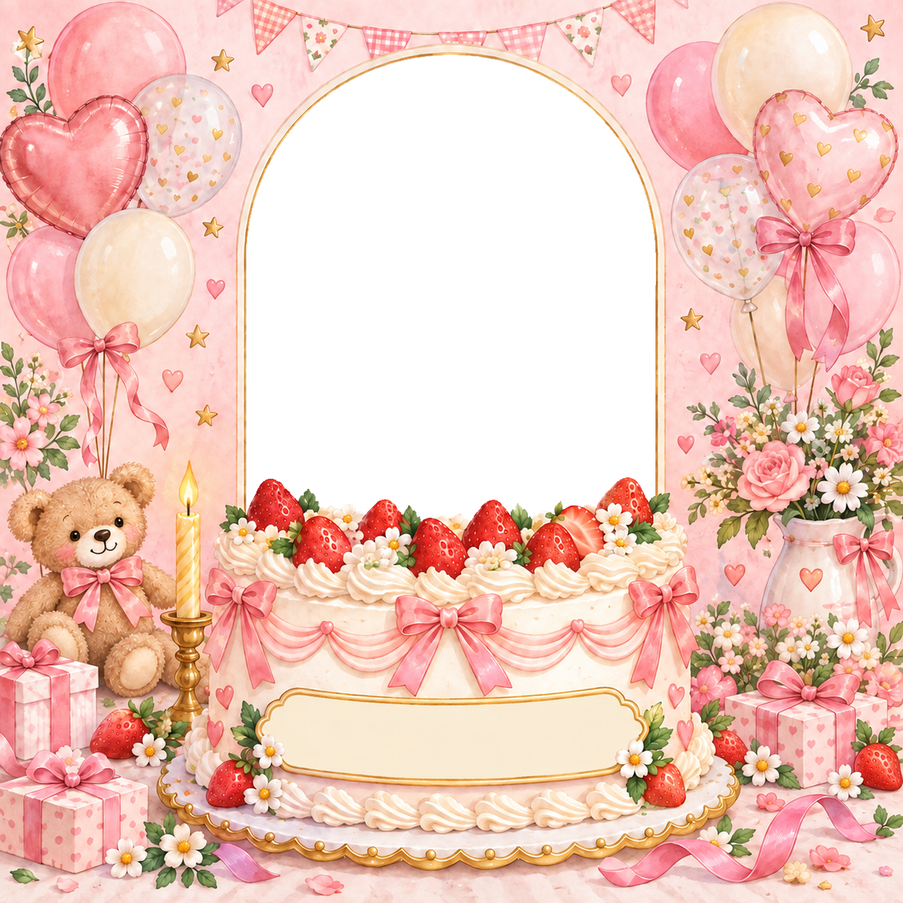 いちごの大きなケーキ写真フレーム｜子どもの誕生日を祝うかわいい無料イラスト 98444に写真・文字を入れる