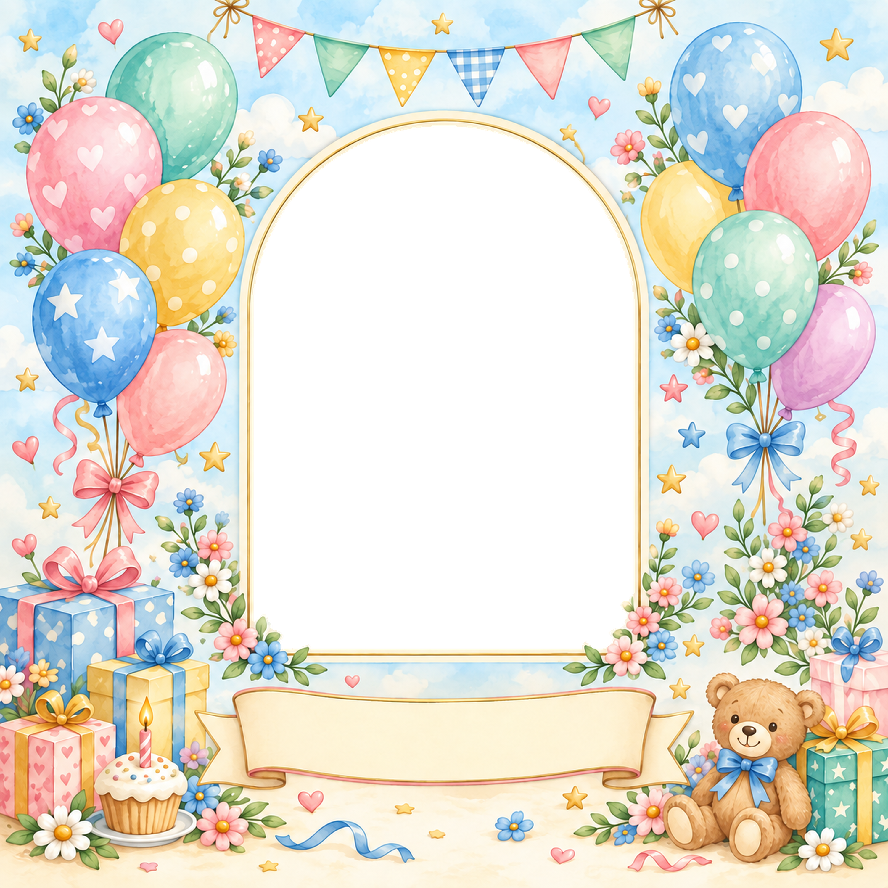 虹色の風船写真フレーム｜子どもの誕生日を祝うかわいい無料イラスト 98446に写真・文字を入れる