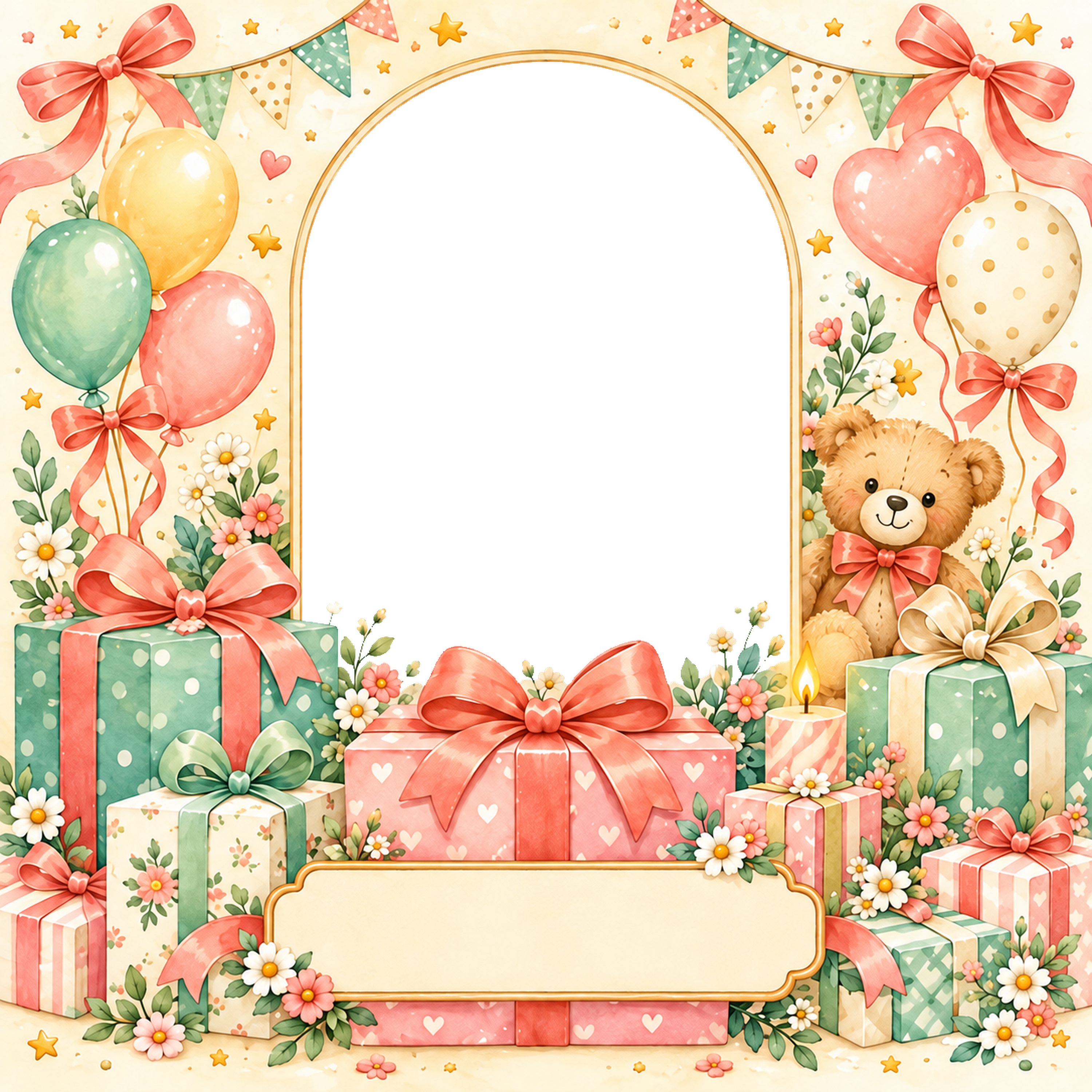 プレゼントのパーティー写真フレーム｜子どもの誕生日を祝うかわいい無料イラスト 98447に写真・文字を入れる