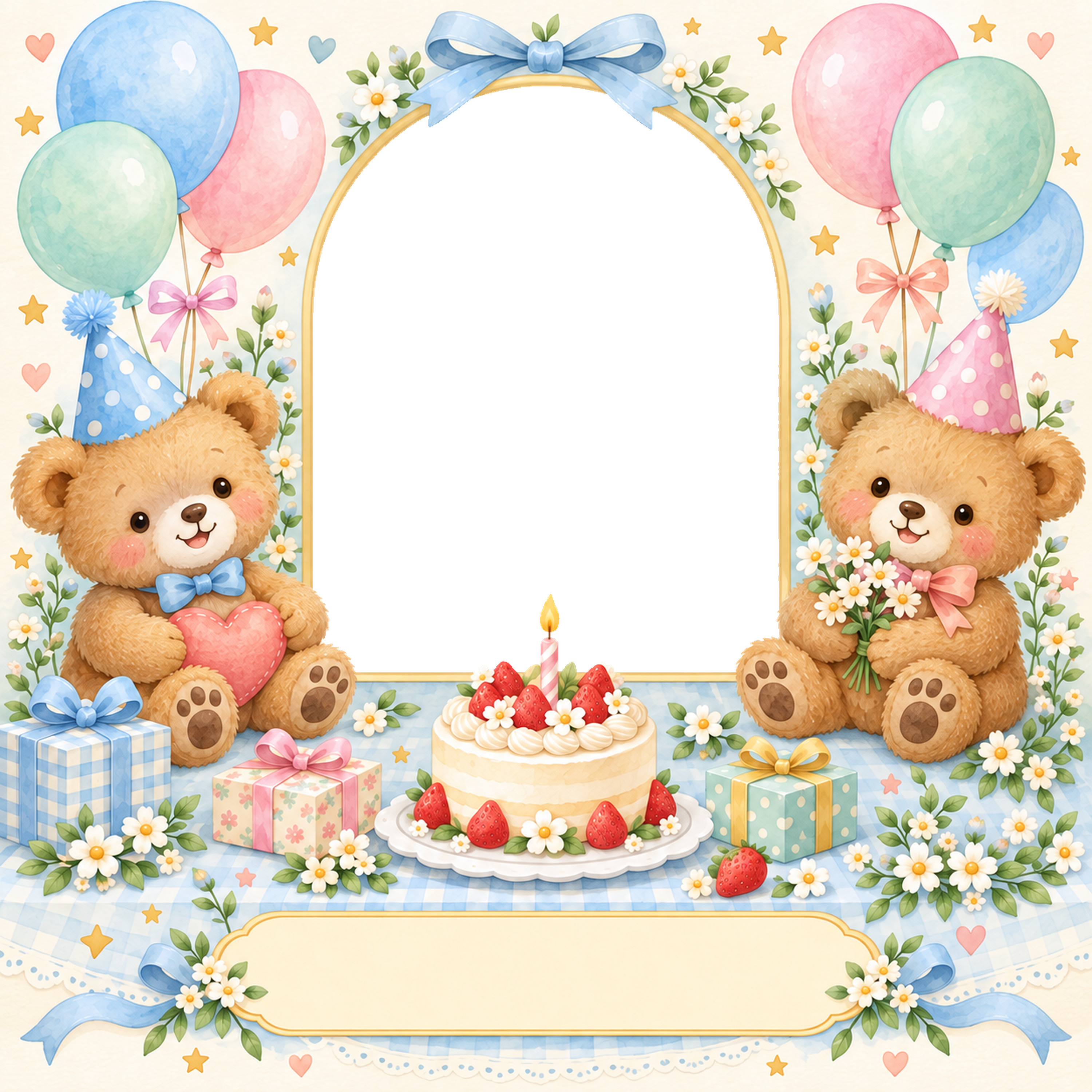 くまの誕生日会写真フレーム｜子どもの誕生日を祝うかわいい無料イラスト 98448に写真・文字を入れる