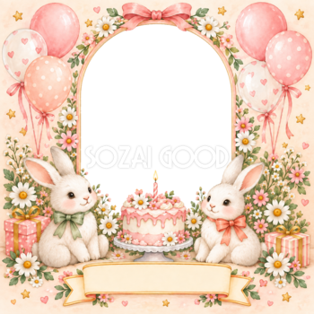 うさぎの誕生日会写真フレーム｜子どもの誕生日を祝うかわいい無料イラスト 98449