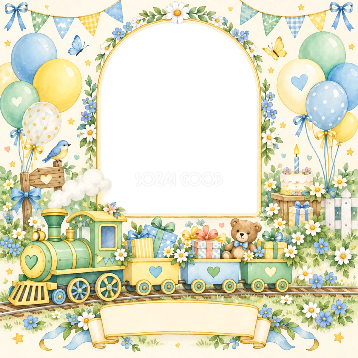汽車のお誕生日写真フレーム｜子どもの誕生日を祝うかわいい無料イラスト 98453