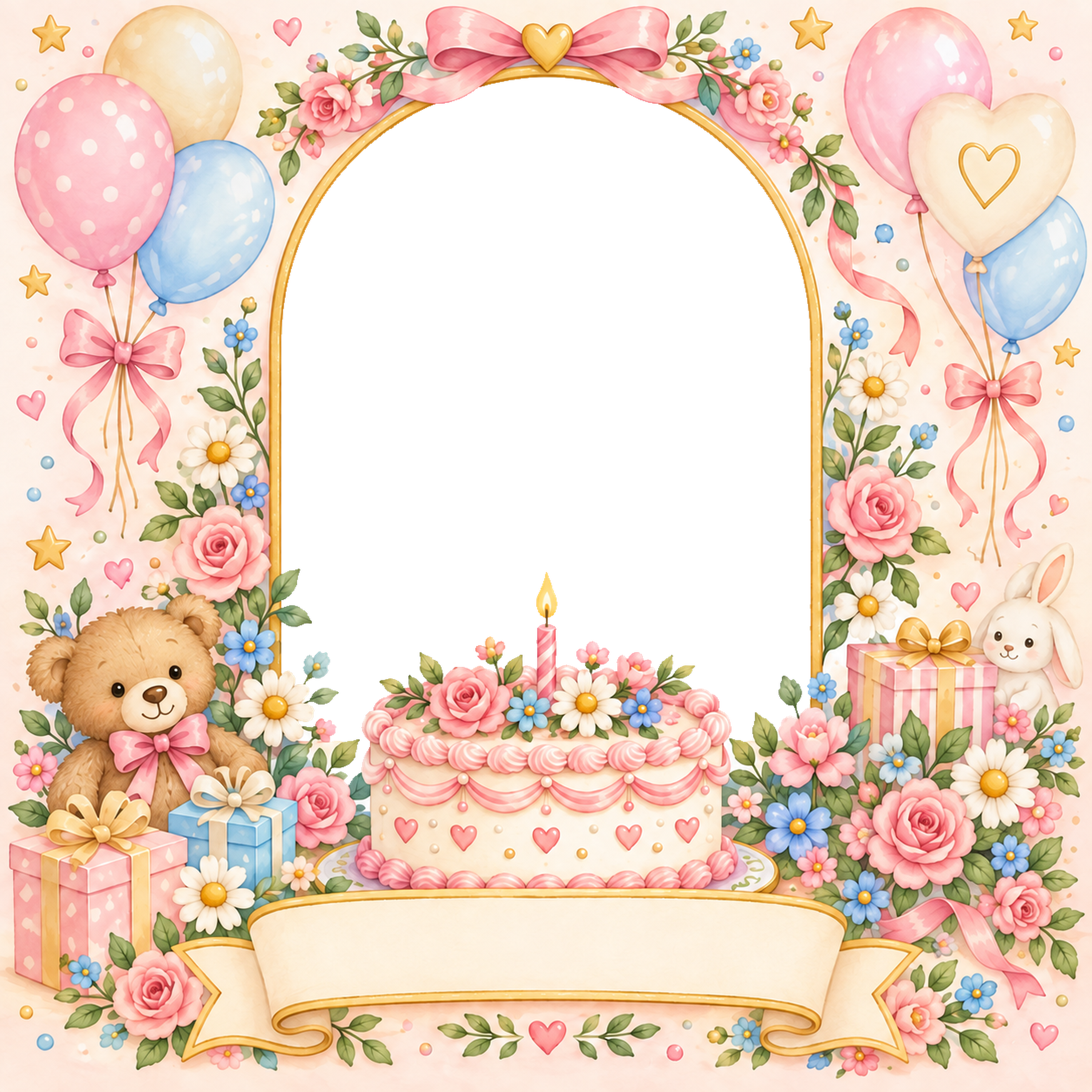花いっぱいのお誕生日写真フレーム｜子どもの誕生日を祝うかわいい無料イラスト 98454に写真・文字を入れる