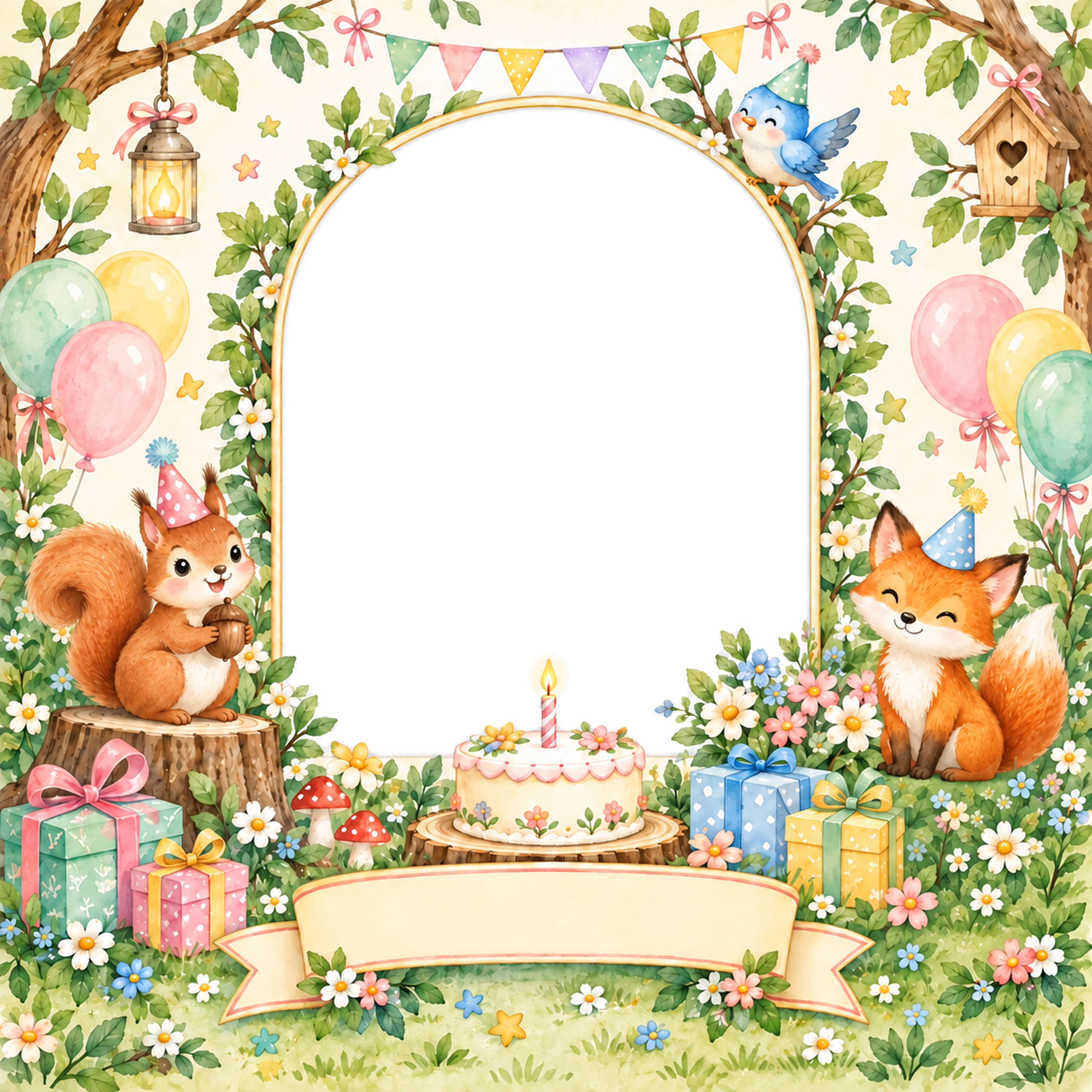 森の仲間の誕生日会写真フレーム｜子どもの誕生日を祝うかわいい無料イラスト 98455に写真・文字を入れる