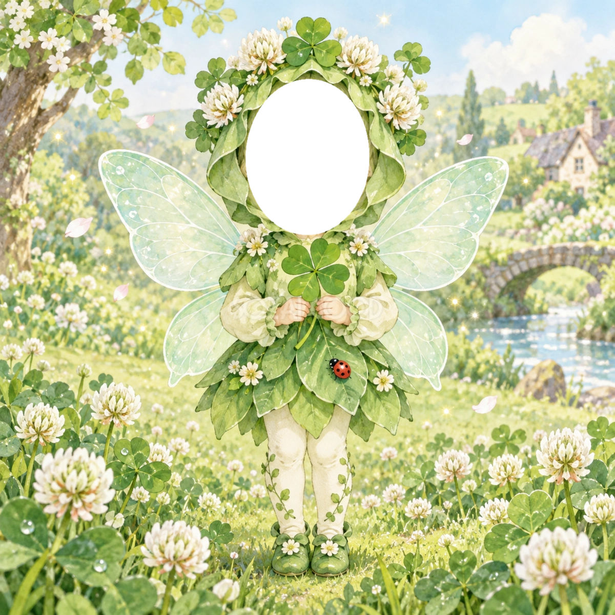 クローバーの妖精に変身する写真フレーム|子ども向けのかわいい無料イラスト 98459