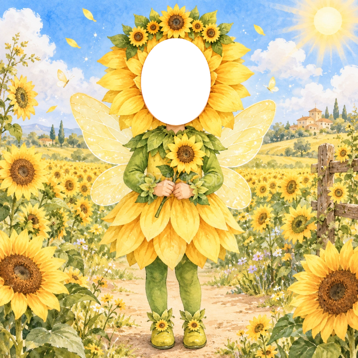 ひまわりの妖精に変身する写真フレーム|子ども向けのかわいい無料イラスト 98460