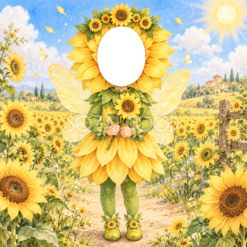 ひまわりの妖精に変身する写真フレーム｜子ども向けのかわいい無料イラスト 98460