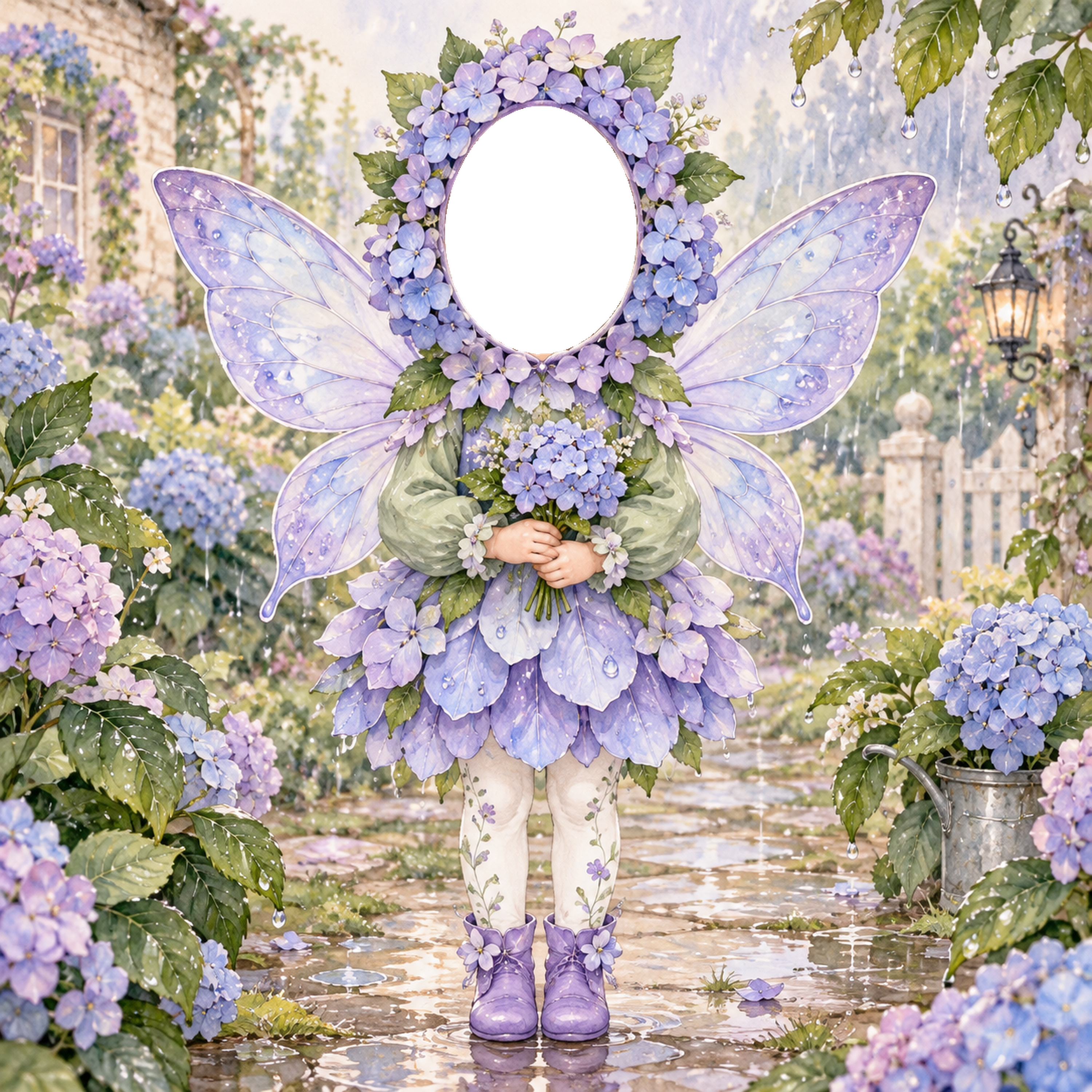 紫陽花の妖精に変身する写真フレーム｜子ども向けのかわいい無料イラスト 98461に写真・文字を入れる