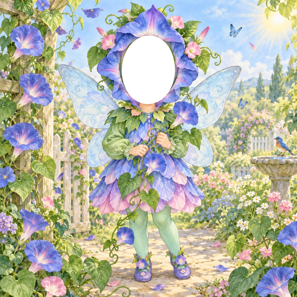 朝顔の妖精に変身する写真フレーム｜子ども向けのかわいい無料イラスト 98462