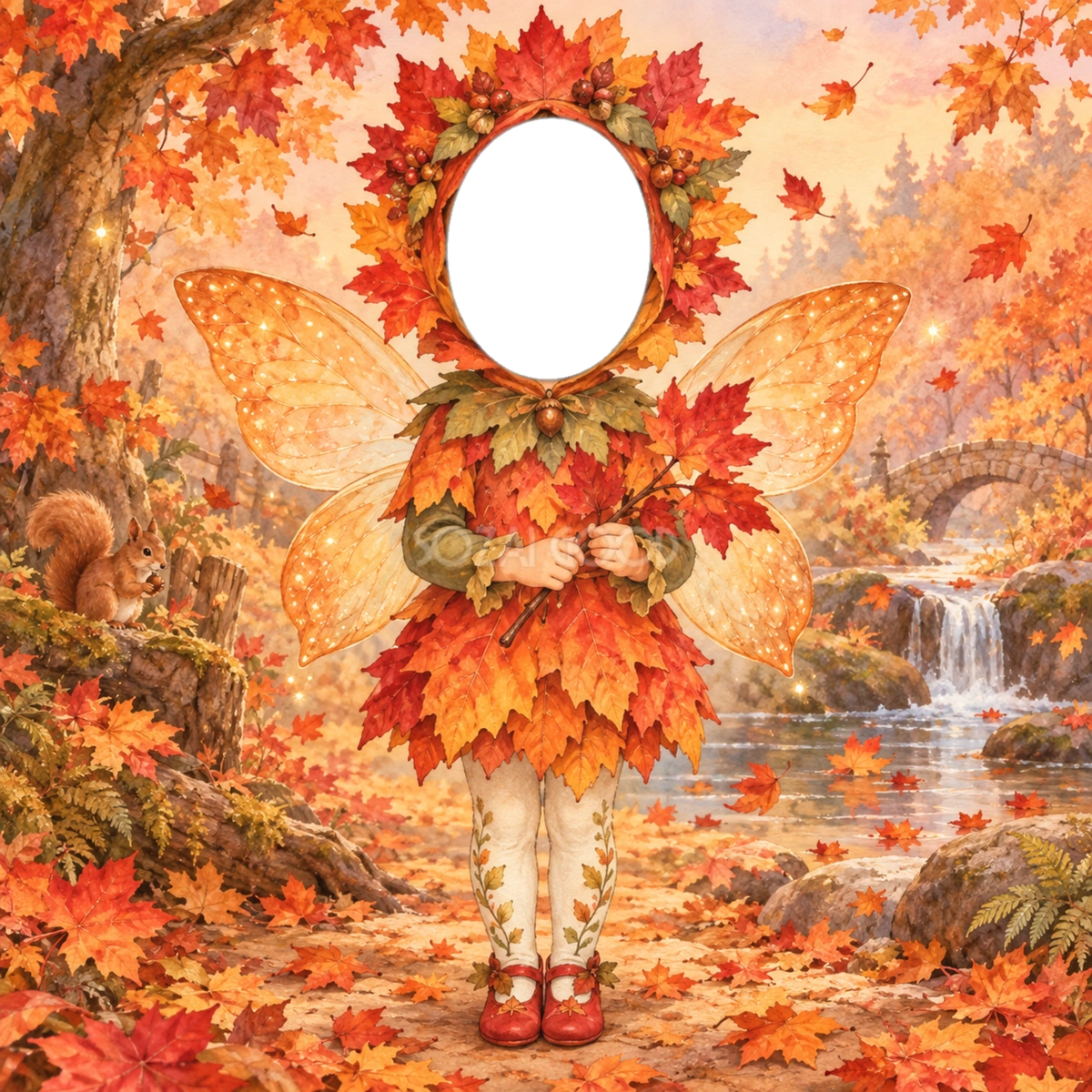 紅葉の妖精に変身する写真フレーム｜子ども向けのかわいい無料イラスト 98463