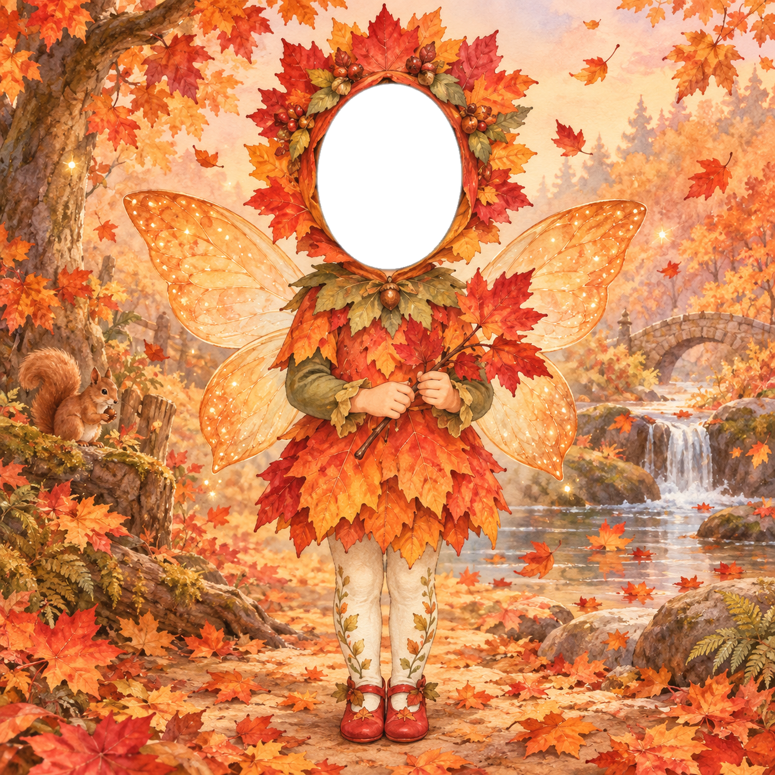 紅葉の妖精に変身する写真フレーム｜子ども向けのかわいい無料イラスト 98463に写真・文字を入れる