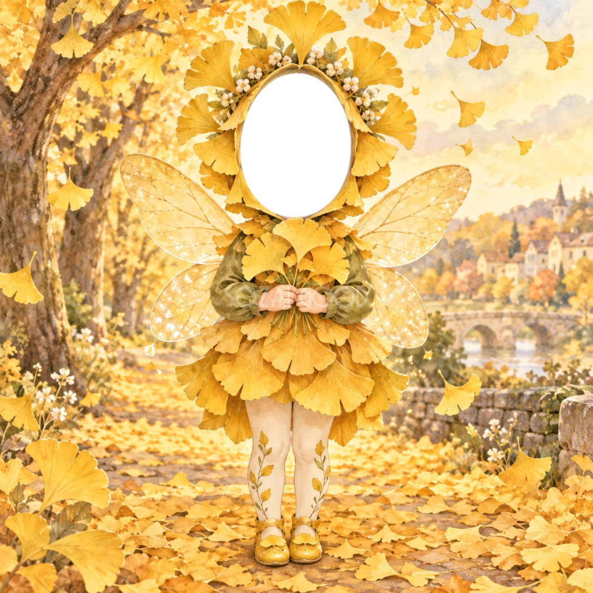 いちょうの妖精に変身する写真フレーム|子ども向けのかわいい無料イラスト 98464