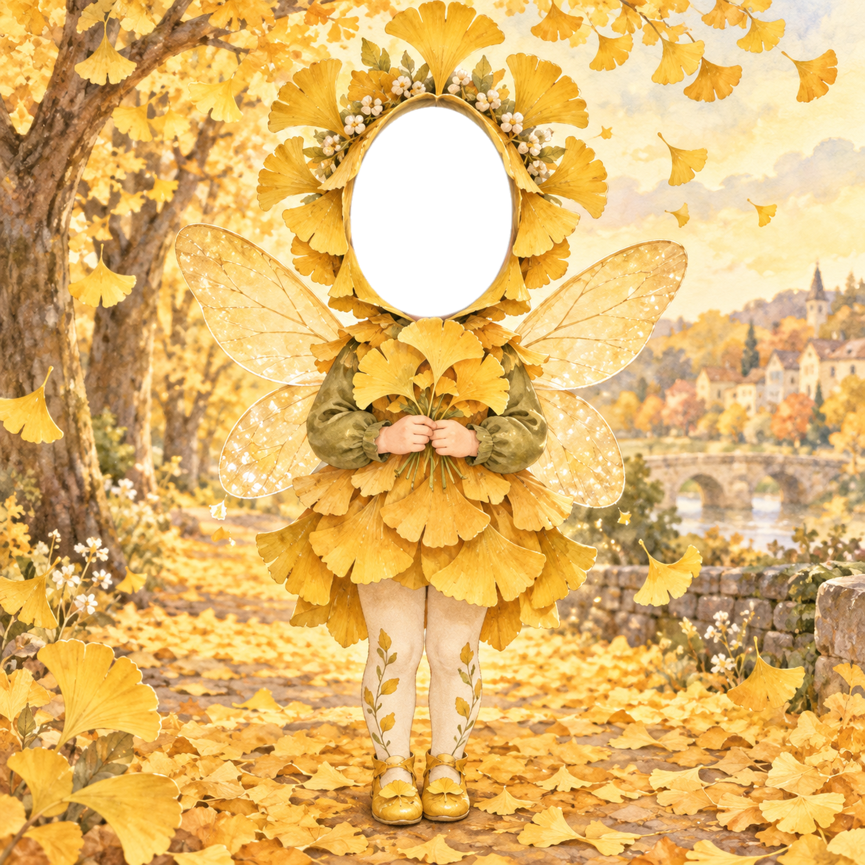 いちょうの妖精に変身する写真フレーム｜子ども向けのかわいい無料イラスト 98464に写真・文字を入れる