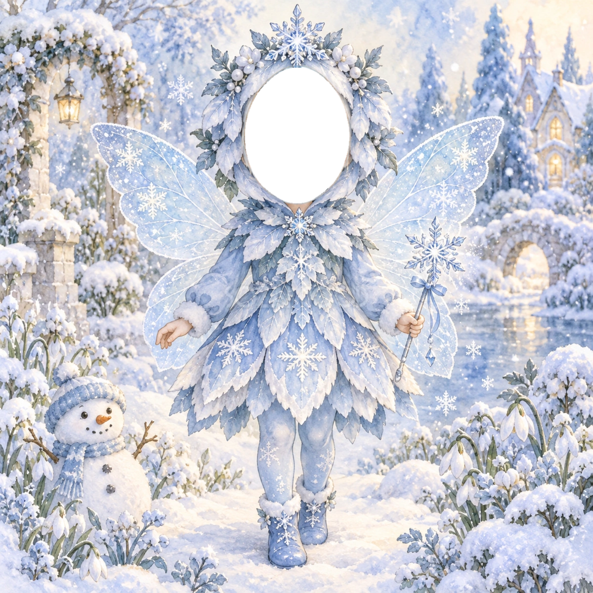 雪の妖精に変身する写真フレーム｜子ども向けのかわいい無料イラスト 98466