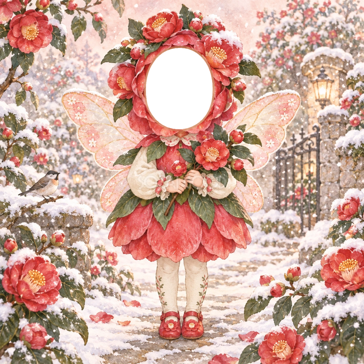 椿の妖精に変身する写真フレーム｜子ども向けのかわいい無料イラスト 98467