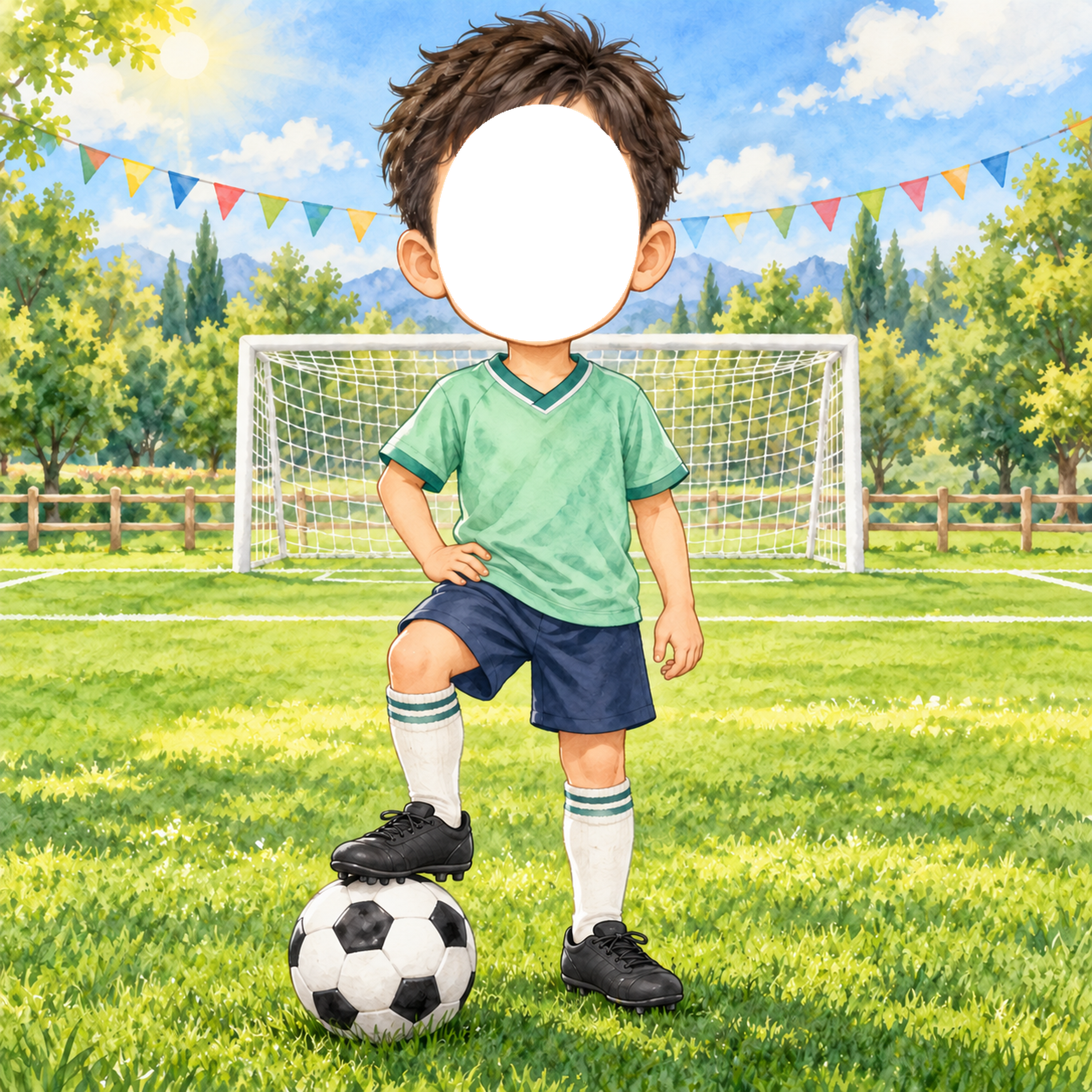 サッカー選手に変身する写真フレーム｜子ども向けのかわいい無料イラスト 98470に写真・文字を入れる