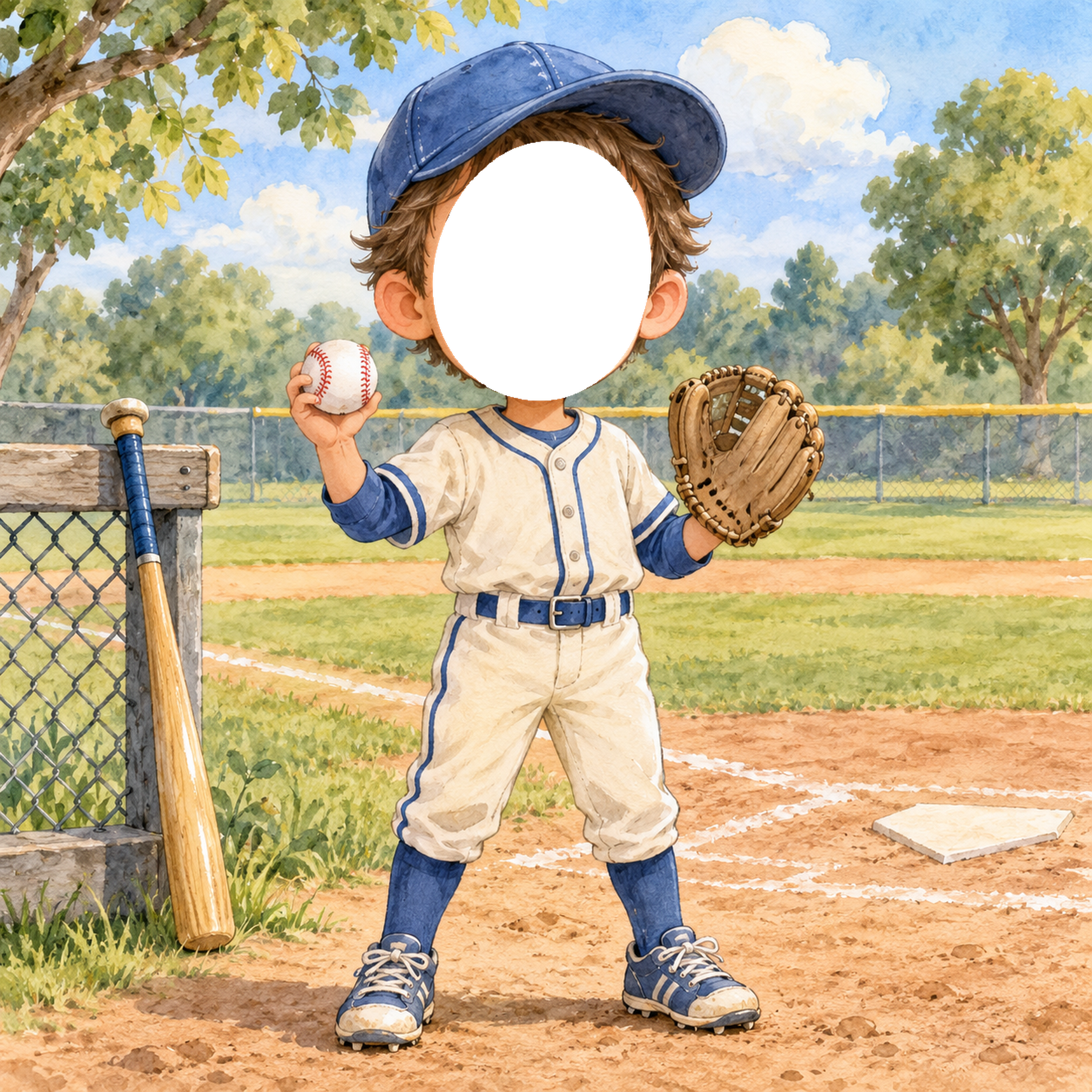 野球選手に変身する写真フレーム｜子ども向けのかわいい無料イラスト 98471に写真・文字を入れる