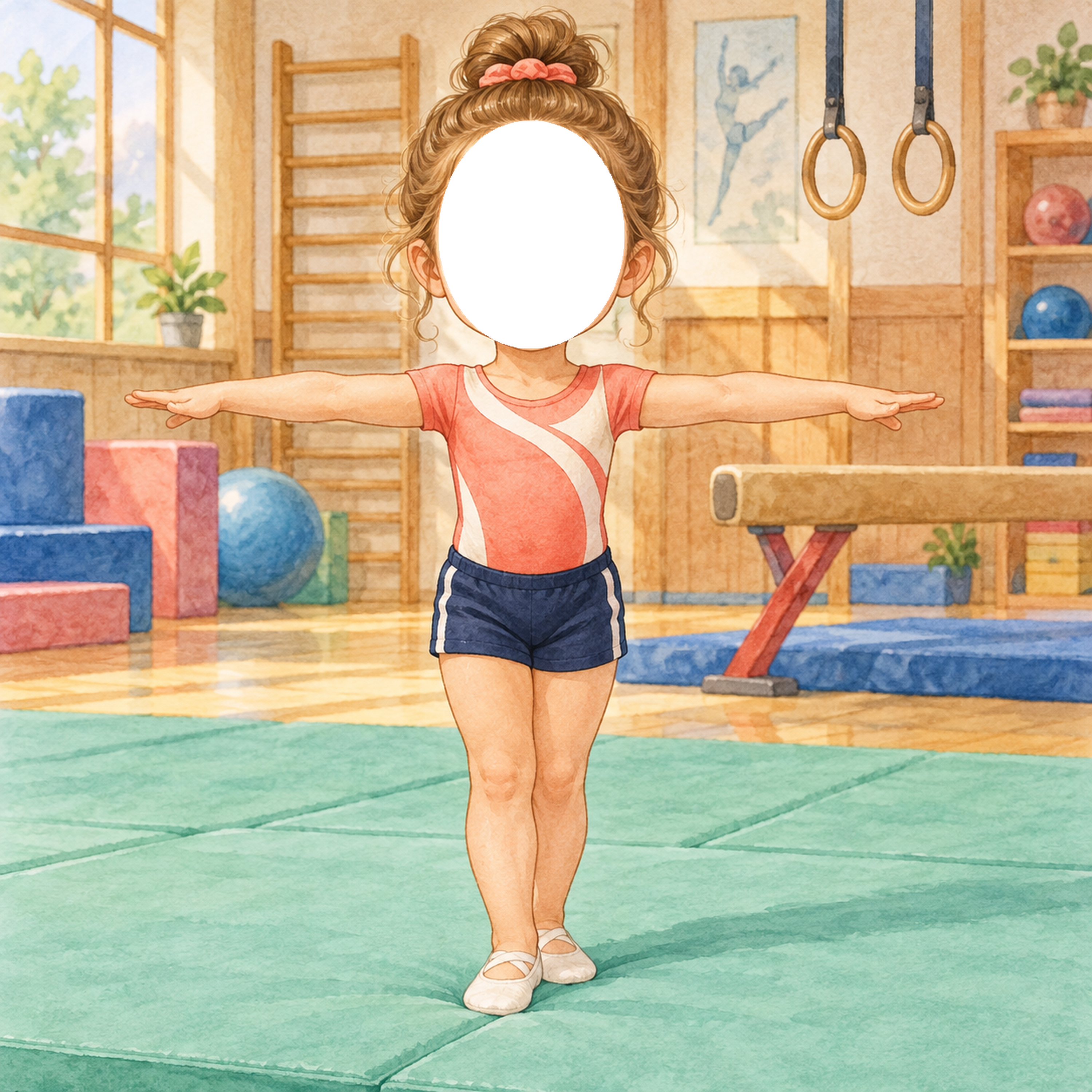体操選手に変身する写真フレーム｜子ども向けのかわいい無料イラスト 98473に写真・文字を入れる