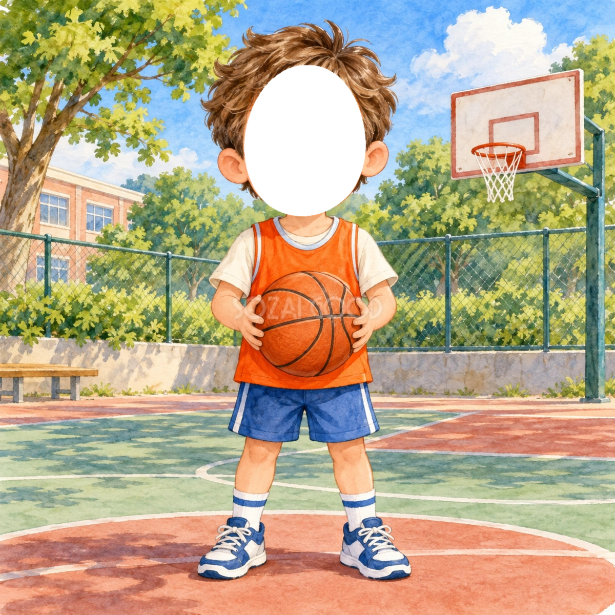 バスケットボール選手に変身する写真フレーム｜子ども向けのかわいい無料イラスト 98475