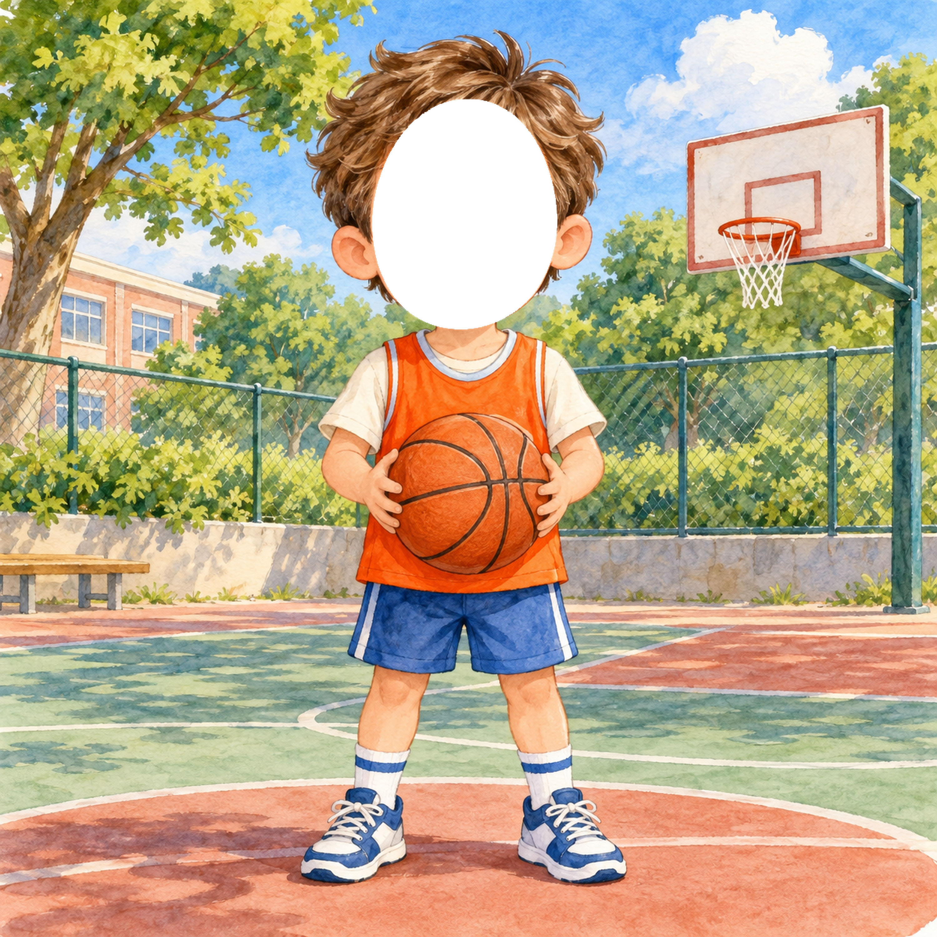 バスケットボール選手に変身する写真フレーム｜子ども向けのかわいい無料イラスト 98475に写真・文字を入れる