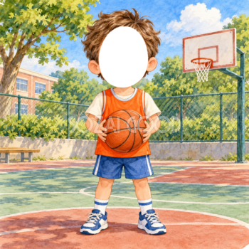 バスケットボール選手に変身する写真フレーム｜子ども向けのかわいい無料イラスト 98475