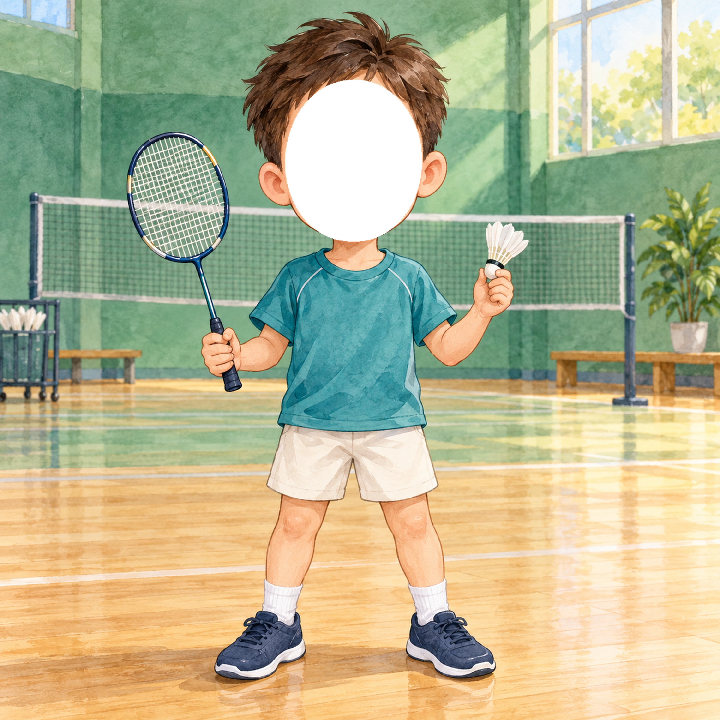 バドミントン選手に変身する写真フレーム｜子ども向けのかわいい無料イラスト 98477に写真・文字を入れる