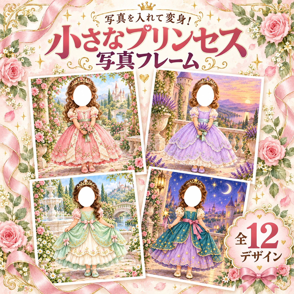 小さなプリンセス写真フレーム12選｜王冠とドレスで変身できる子ども向け無料イラスト 98482