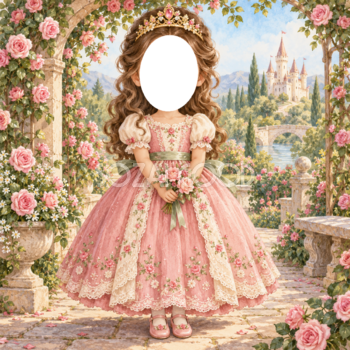 バラのお庭のプリンセス写真フレーム｜子どもが変身できるかわいい無料イラスト 98483