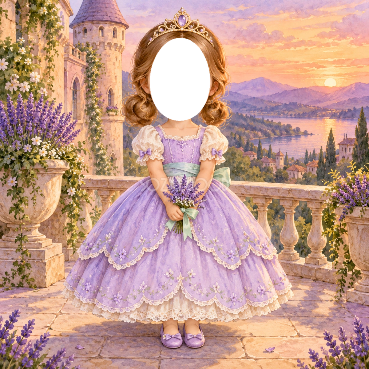 ラベンダーのお城のプリンセス写真フレーム|子どもが変身できるかわいい無料イラスト 98484
