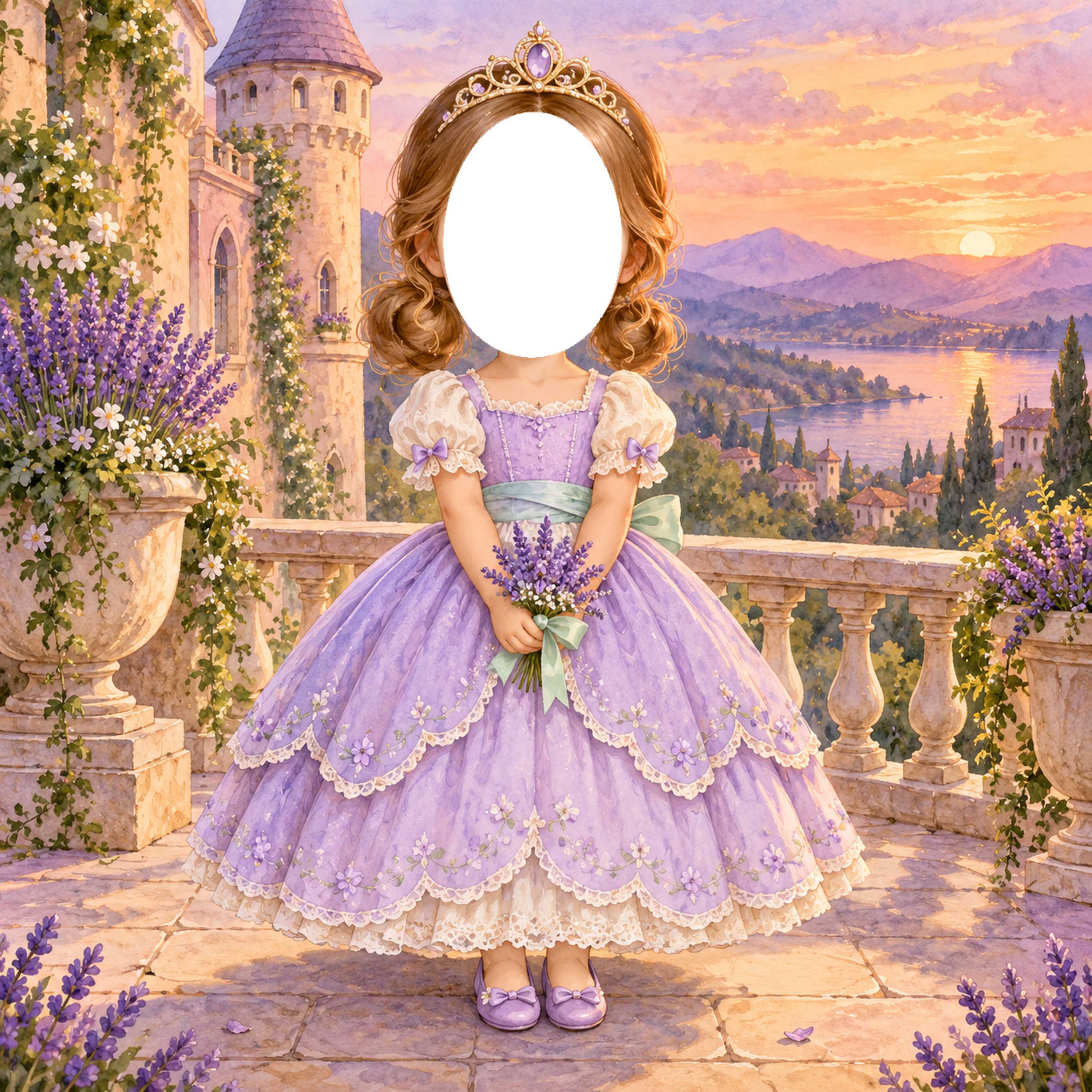 ラベンダーのお城のプリンセス写真フレーム｜子どもが変身できるかわいい無料イラスト 98484に写真・文字を入れる