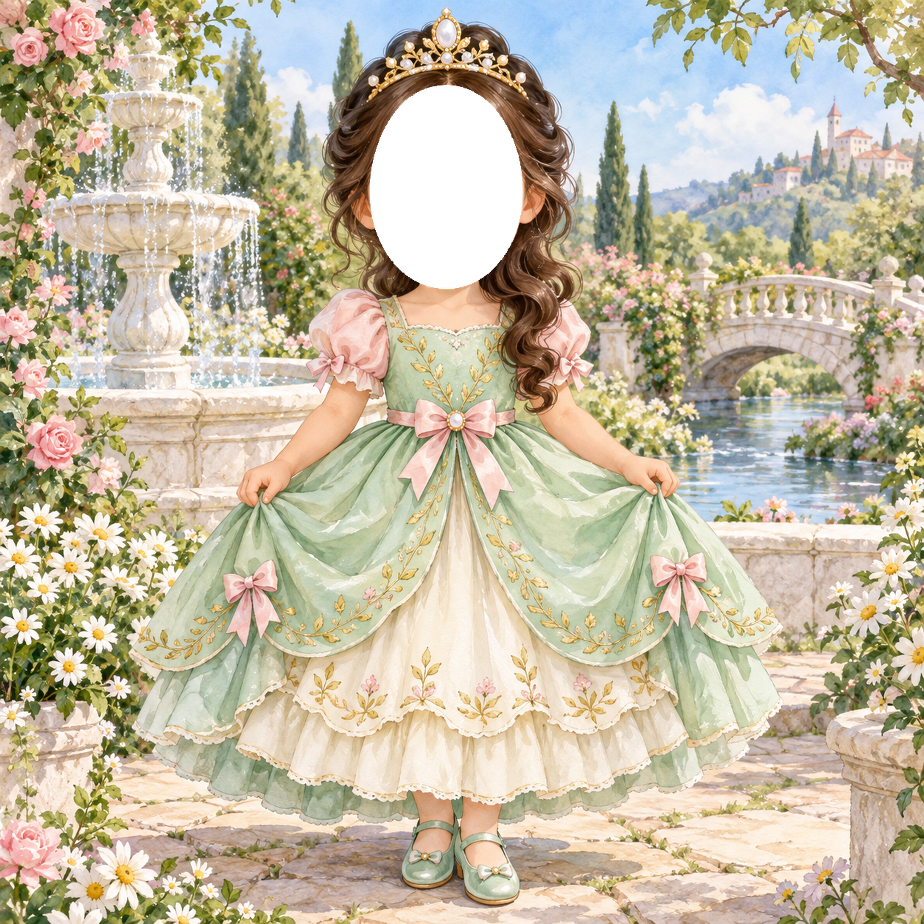 ミント色の噴水のプリンセス写真フレーム｜子どもが変身できるかわいい無料イラスト 98485に写真・文字を入れる
