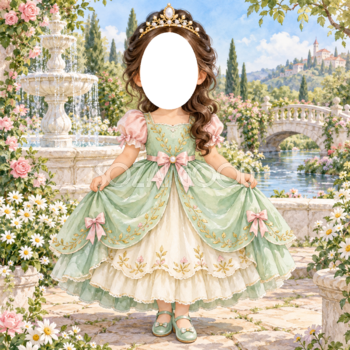 ミント色の噴水のプリンセス写真フレーム｜子どもが変身できるかわいい無料イラスト 98485