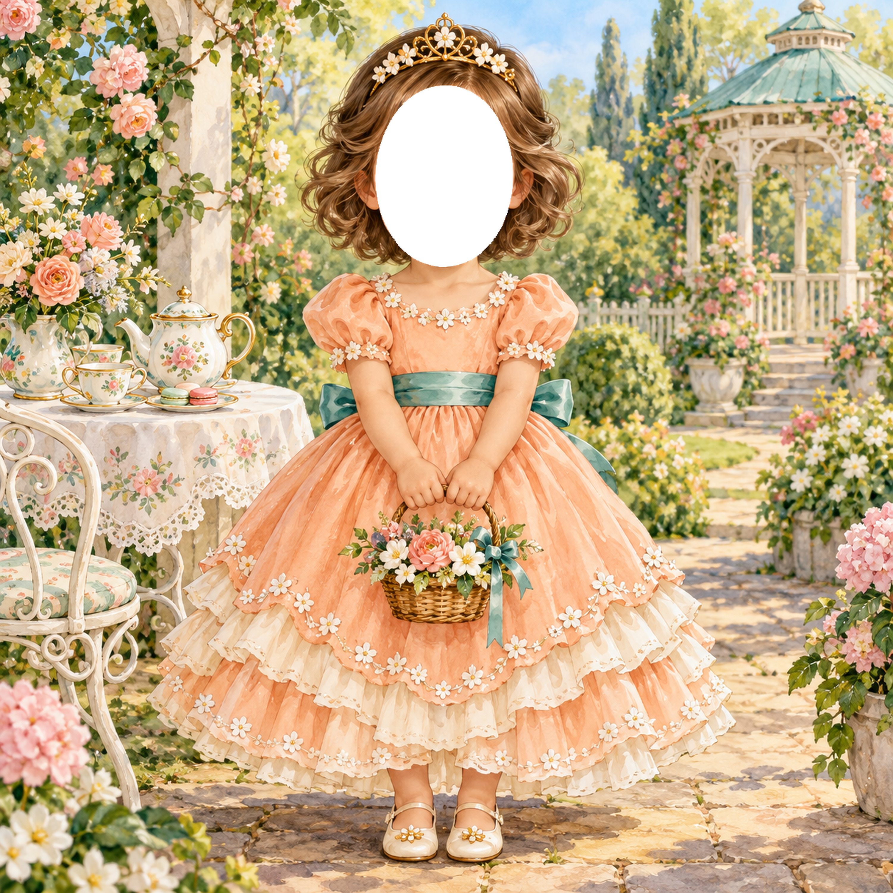 お庭のお茶会のプリンセス写真フレーム｜子どもが変身できるかわいい無料イラスト 98487に写真・文字を入れる