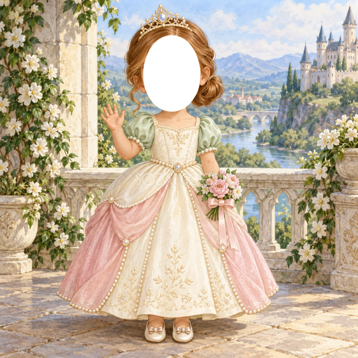 真珠のバルコニーのプリンセス写真フレーム|子どもが変身できるかわいい無料イラスト 98488