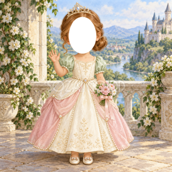 真珠のバルコニーのプリンセス写真フレーム｜子どもが変身できるかわいい無料イラスト 98488