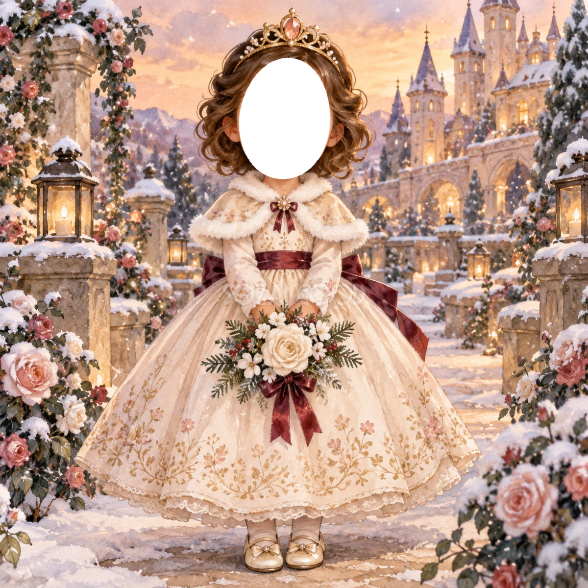 冬のお庭のプリンセス写真フレーム｜子どもが変身できるかわいい無料イラスト 98490