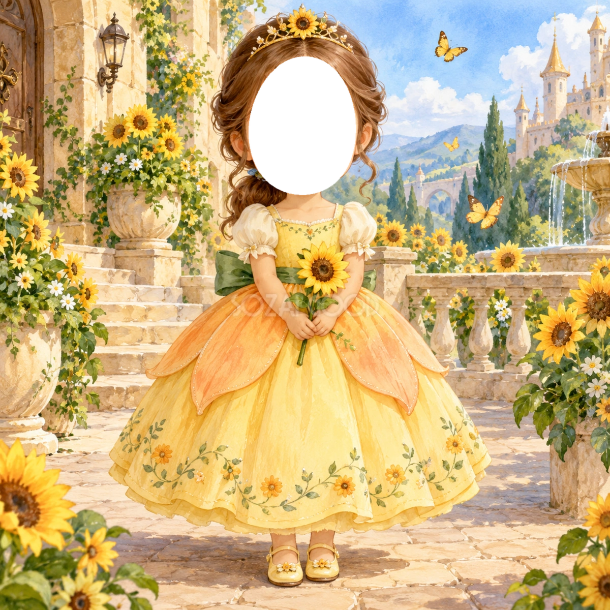 ひまわりのお庭のプリンセス写真フレーム|子どもが変身できるかわいい無料イラスト 98491