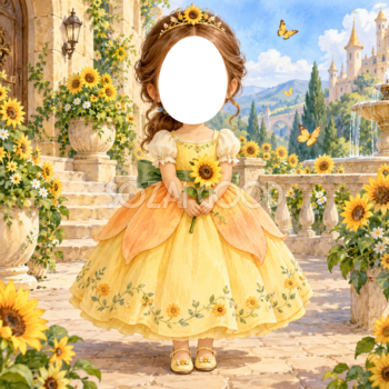 ひまわりのお庭のプリンセス写真フレーム｜子どもが変身できるかわいい無料イラスト 98491