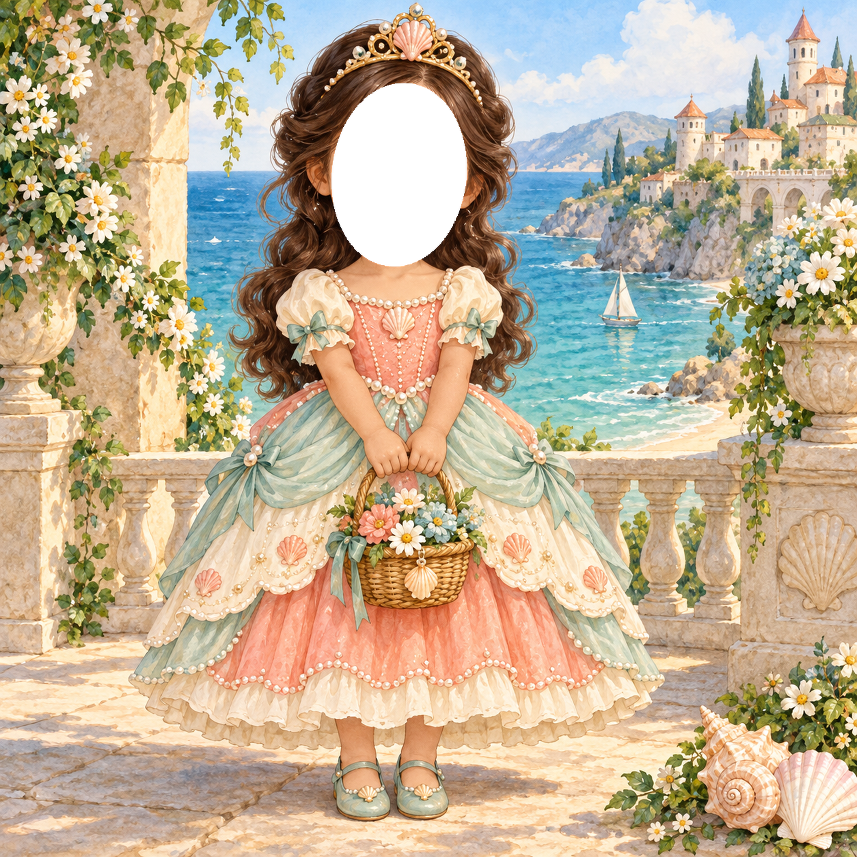 海辺のお城のプリンセス写真フレーム｜子どもが変身できるかわいい無料イラスト 98492に写真・文字を入れる