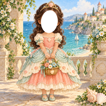 海辺のお城のプリンセス写真フレーム｜子どもが変身できるかわいい無料イラスト 98492
