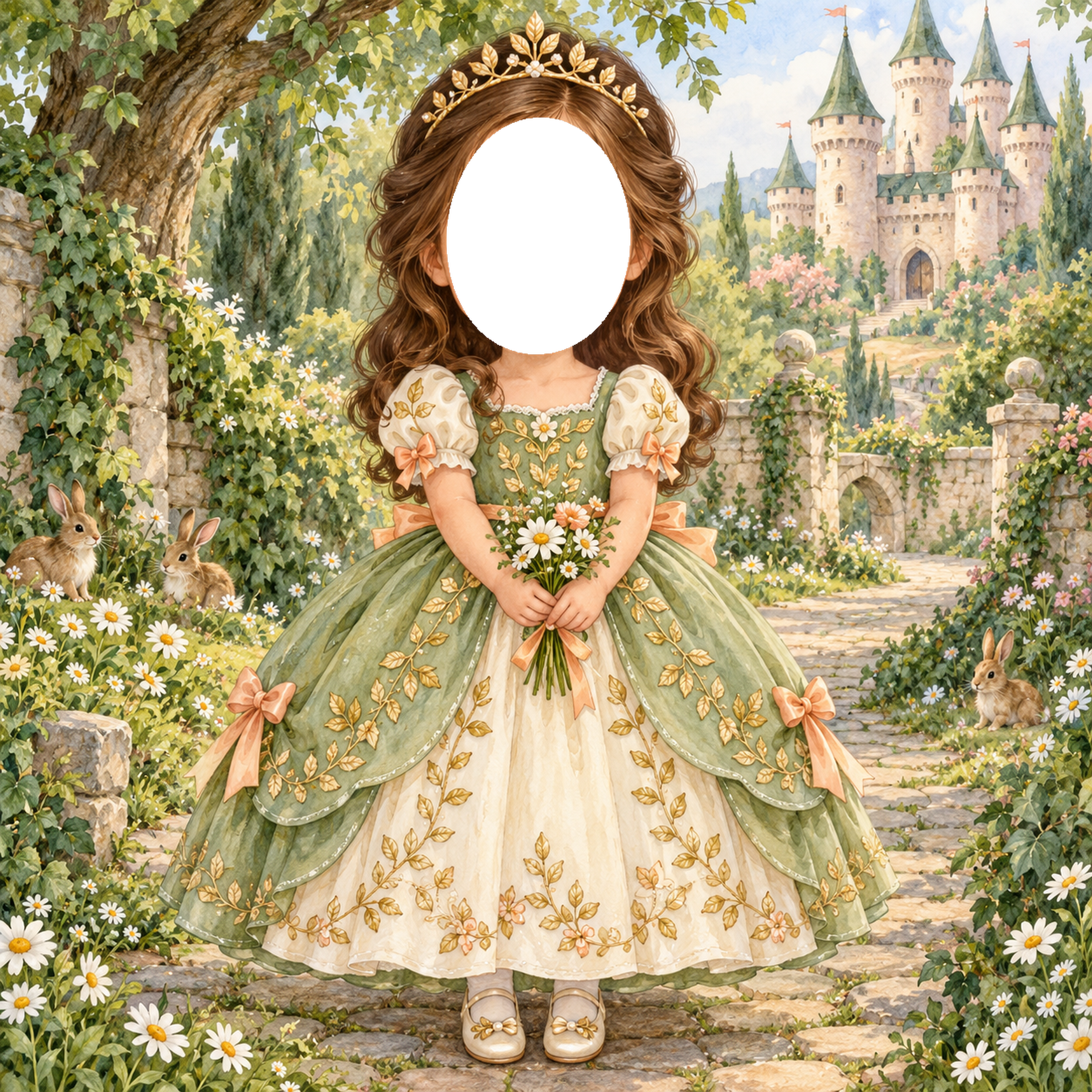 森のお城のプリンセス写真フレーム｜子どもが変身できるかわいい無料イラスト 98493に写真・文字を入れる