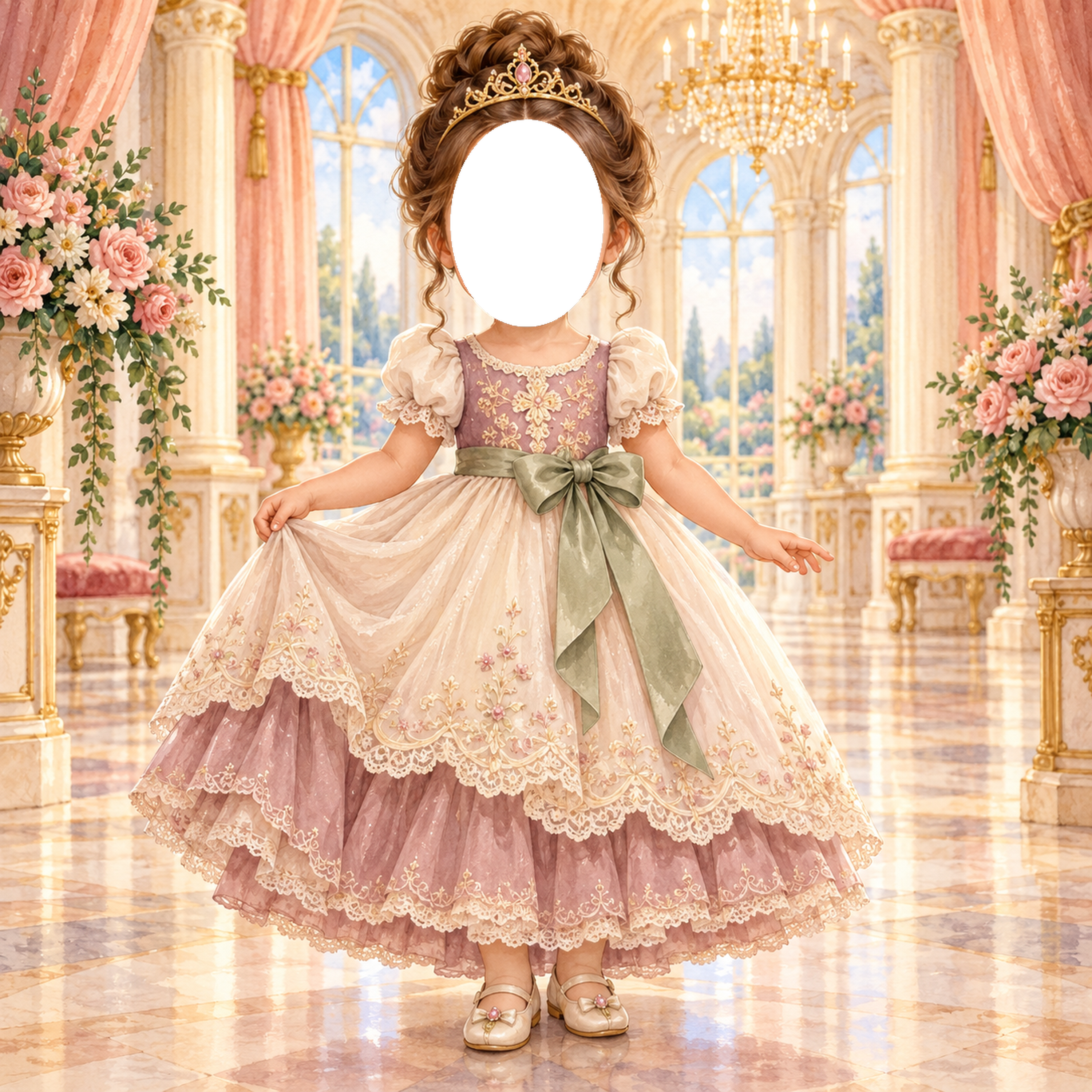 リボンの舞踏会のプリンセス写真フレーム｜子どもが変身できるかわいい無料イラスト 98494に写真・文字を入れる
