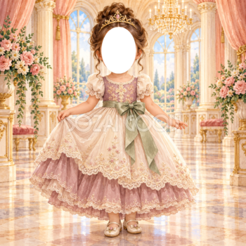 リボンの舞踏会のプリンセス写真フレーム｜子どもが変身できるかわいい無料イラスト 98494